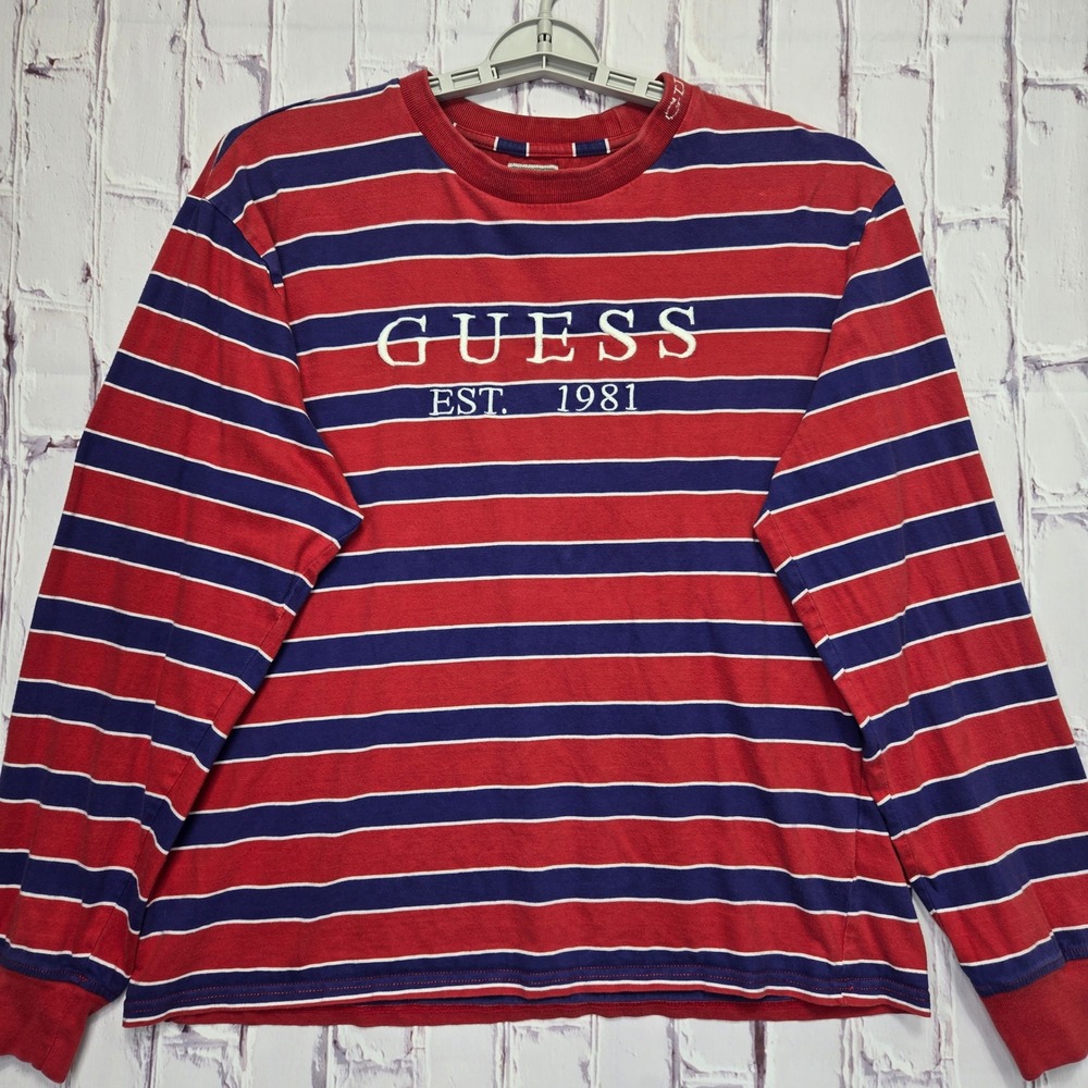 Vintage Guess Est 1981 Striped Long Sleeve T-Shirt Red Navy Mens L Embroidered